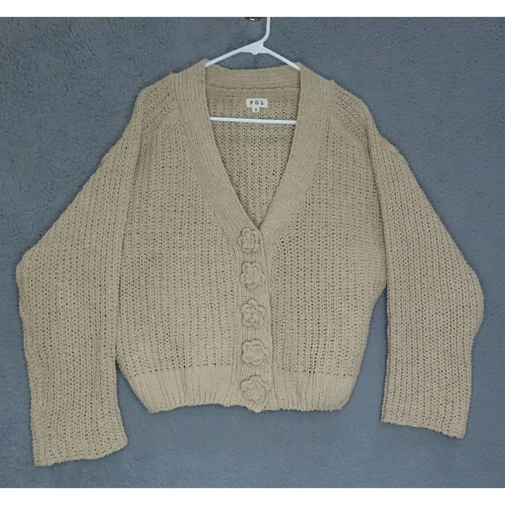 POL Knit Chunky Oversized Cropped Cardigan‎ Sweater Boho Floral Button Small